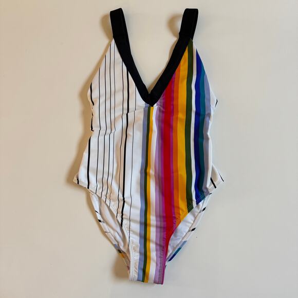 Rachel Roy One Piece Stripe Swimsuit Sz Small NWOT Rainbow Lattice Back Beach - Picture 2 of 9